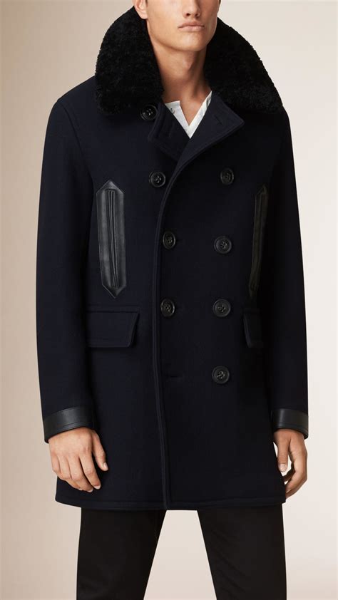 burberry detachable shearling collar wool pea coat|wool blend pea coat.